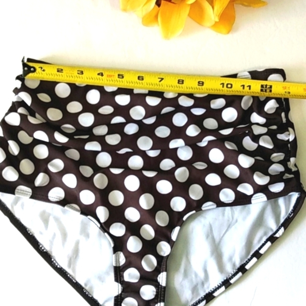 BLACK WHITE POLKADOT RUCHED HIGH-WAIST BIKINI BOTTOM SIZE MED NWOT - Picture 7 of 8